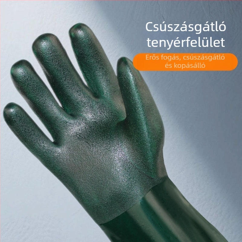 Sötétzöld PVC vegyszerálló kesztyű velúr béléssel, matt felülettel, olaj- és sav-bázis ellenálló, csúszásmentes, ipari megerősített.