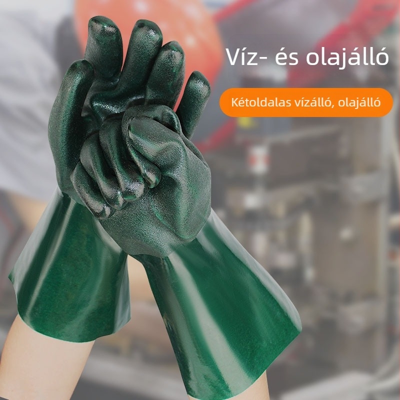 Sötétzöld PVC vegyszerálló kesztyű velúr béléssel, matt felülettel, olaj- és sav-bázis ellenálló, csúszásmentes, ipari megerősített.