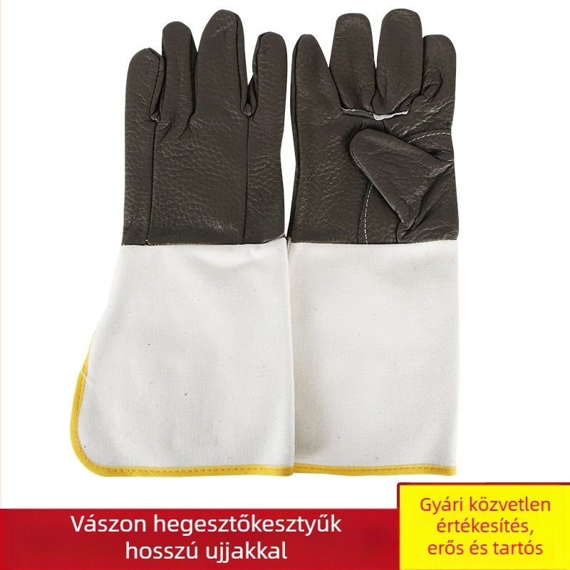 Hosszú kopásálló hegesztő kesztyűk széles mandzsettával, bőr és vászon anyagból