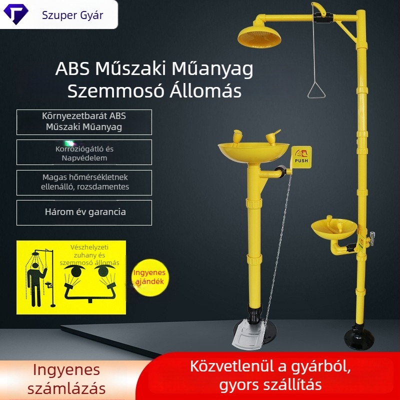 Pedál-üzemű vészhelyzeti szemöblítő és zuhanyzó, ABS technikai műanyag kompozit