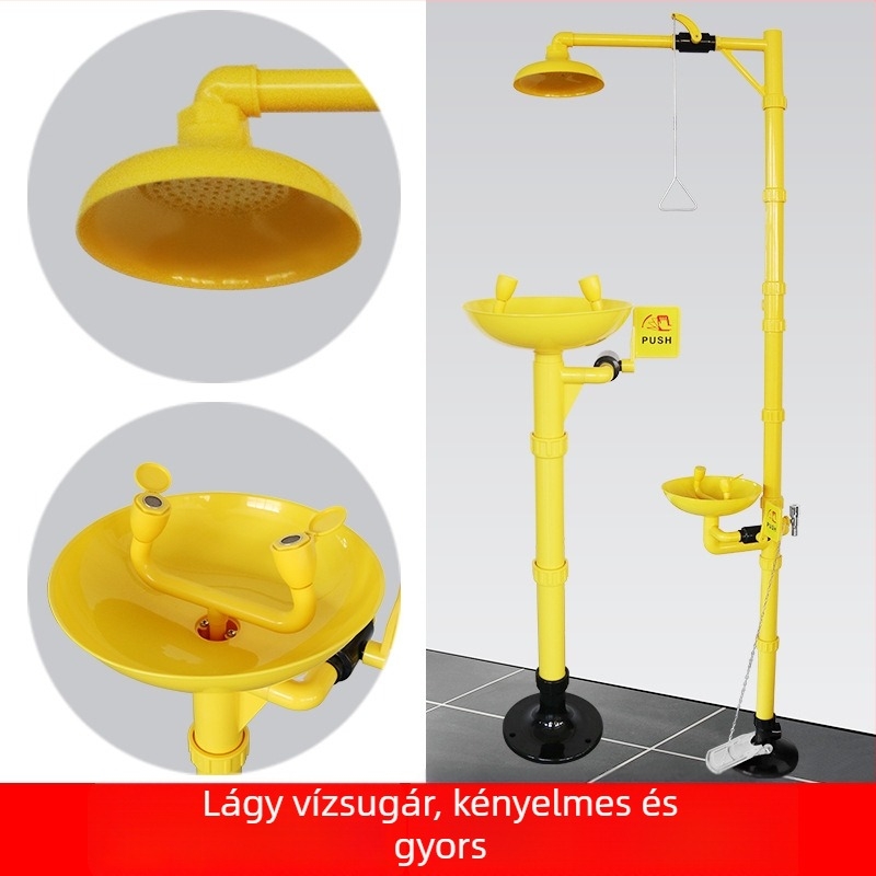 Pedál-üzemű vészhelyzeti szemöblítő és zuhanyzó, ABS technikai műanyag kompozit