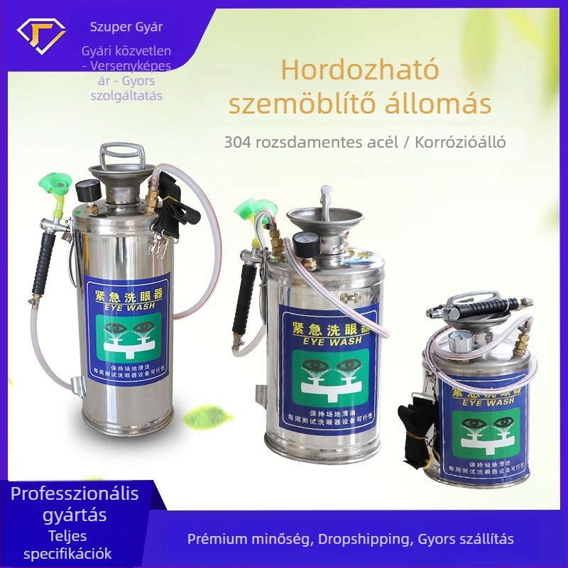 Vészhelyzeti hordozható szemmosó állomás, 304 rozsdamentes acél, kettős fúvókával, kapacitás 6/8/12 L