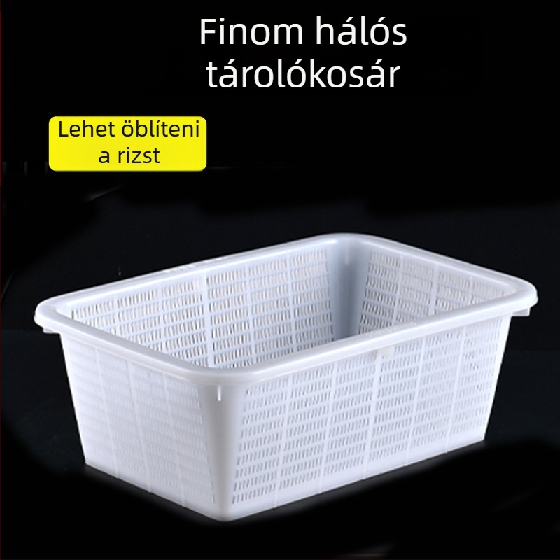 Nagy téglalap alakú műanyag kosár finom hálóval zöldségek mosásához és leeresztéséhez, konyhai tároláshoz és rizsszűrőként is