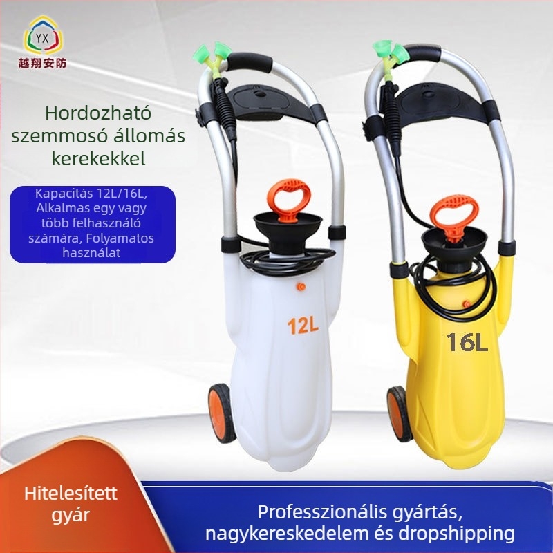 Könnyen hordozható szemmosó állomás kerekes kocsi, dupla kimenettel, 12 L/16 L kapacitás