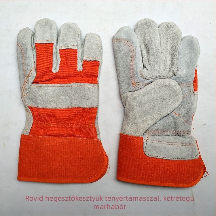 Kétrétegű marhabőr tenyérrel készült hegesztőkesztyű, narancssárga vászon csuklórésszel, rövid fazonú, magas hőmérséklet-álló