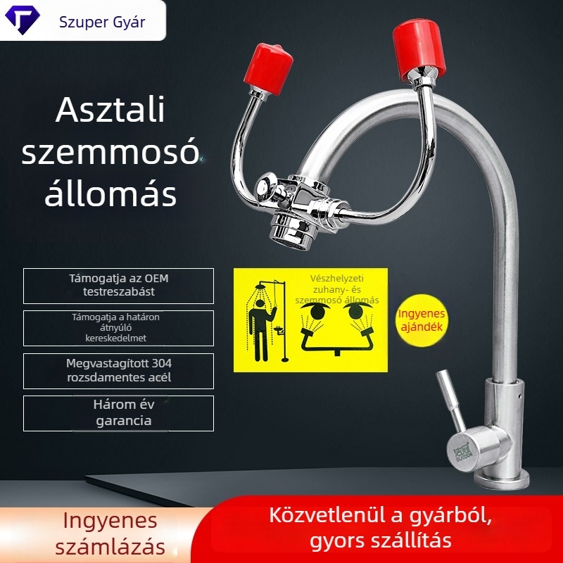Laboratóriumi szemmosó csap, falra szerelhető, behúzható kivitel, dupla porttal, vészhelyzeti használatra