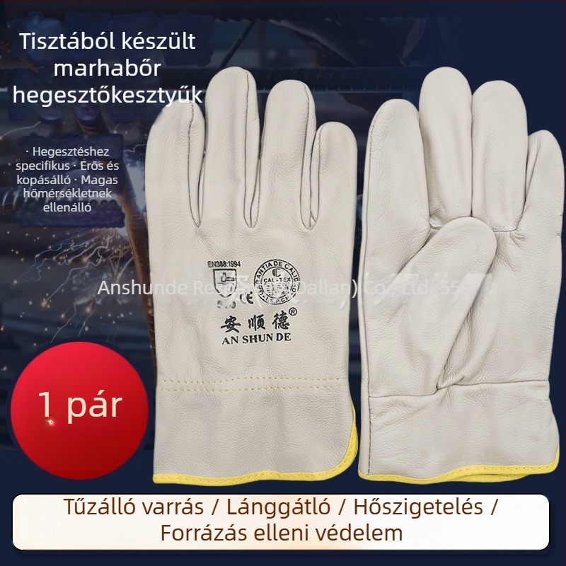 Tehénbőr védő kesztyű 559, kopásálló és magas hőmérséklet-tűrésű, ujjak elválasztott kialakítással, kültéri munkákhoz, hegesztéshez és mechanikai feladatokhoz