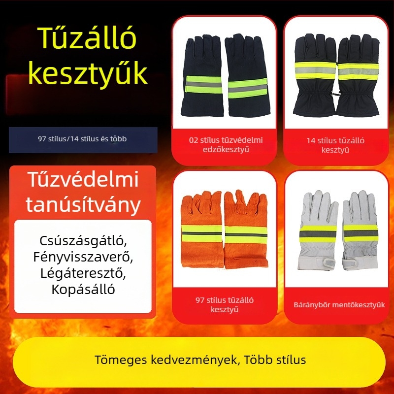 Tűzoltóvédő kesztyű aramidbőrrel, narancsárga‑vörös, hőálló, hőszigetelt, kopásálló