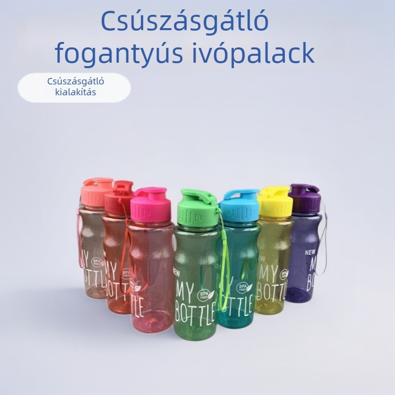 Űrtechnológiájú műanyag sportos ivópalack, közvetlen ivólehetőséggel, színes, átlátszó PET-palack, csúszásmentes, hordozókötéllel