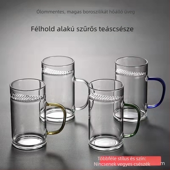 Hold alakú teáscsésze vastag alappal és fogantyúval, boroszilikát üvegből készült zöld teához, beépített szűrővel, irodai használatra, hőálló