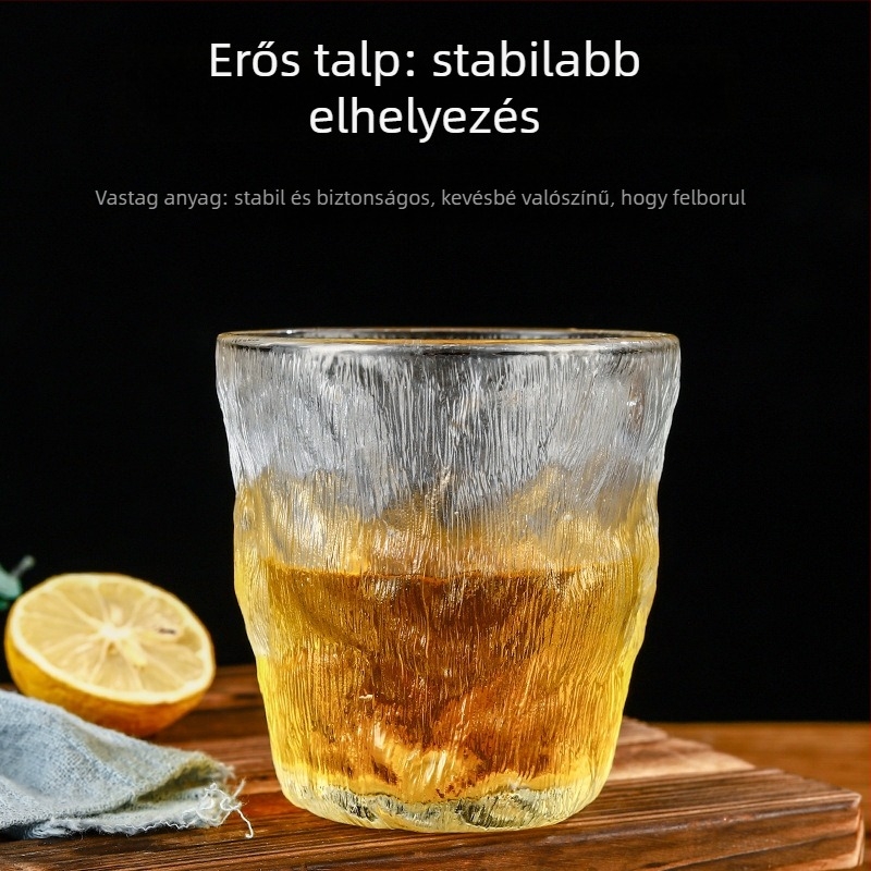 Matt üveg pohár fakéreg-textúrával, boroszilikát üveg, víz- és whisky pohár, kézzel fújt, logóval ellátott, díszdobozban