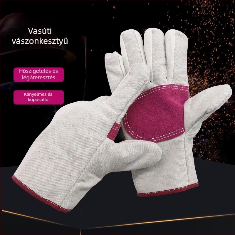 Vasúti vászonvédő kesztyűk, kopásállóak, csúszásmentesek, dupla vastagságúak, hőszigetelő kesztyűk égési sérülések megelőzésére, bőr tenyérrel