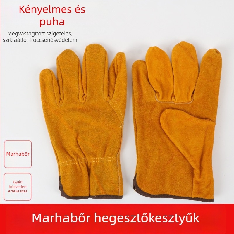 Két réteg marhabőrből készült rövid mandzsettás hegesztőkesztyűk, teljes bőr, kopásálló, csúszásmentes, hőszigetelt