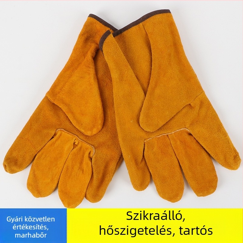 Két réteg marhabőrből készült rövid mandzsettás hegesztőkesztyűk, teljes bőr, kopásálló, csúszásmentes, hőszigetelt