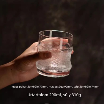 Japán stílusú üvegpohár függő jéggel; sokoldalú pohár whiskyre, sörre, teára és kávára