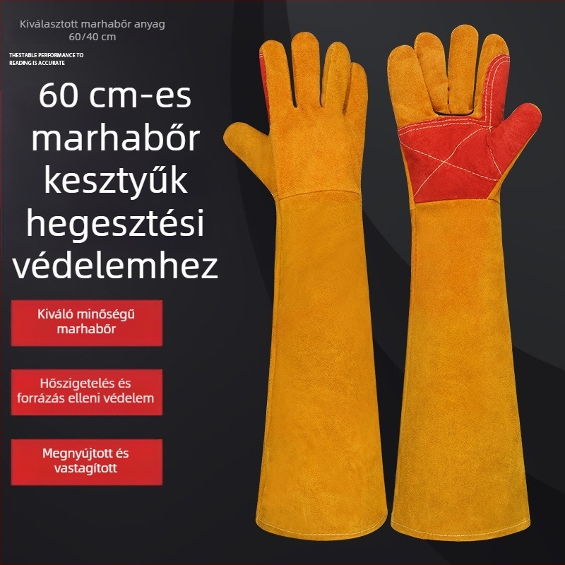 60 cm-es hosszú tehénbőr hegesztőkesztyűk, teljes bőr, kopásálló, égési és slag elleni védelem