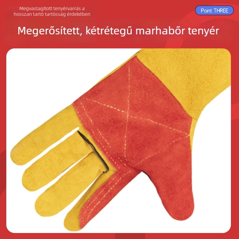 60 cm-es hosszú tehénbőr hegesztőkesztyűk, teljes bőr, kopásálló, égési és slag elleni védelem