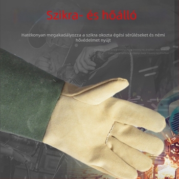 Think Weian Zöld vászonból készült csuklós hegesztőkesztyű tehénbőrrel, anti-égési, lángálló, megvastagodott, félbőr