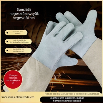 Tehénbőr hegesztő kesztyű hosszú mandzsettával, puha, hőálló, dupla rétegű
