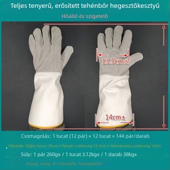 Hosszú mandzsettás, kétszeres marhabőr hegesztőkesztyűk, megerősített tűzálló védelem és hőszigetelés magas hőmérsékletekhez