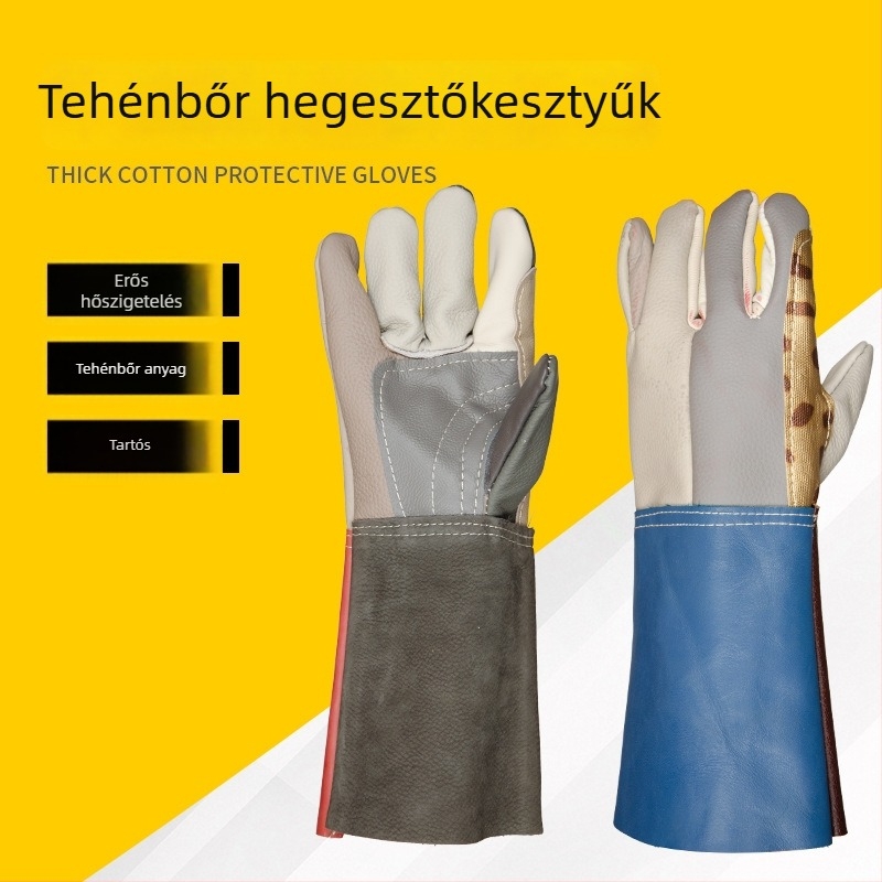 Rövid tehénbőrből készült hegesztő kesztyűk – puha bőr, hőálló, hőszigetelő, védő kesztyű hegesztőknek
