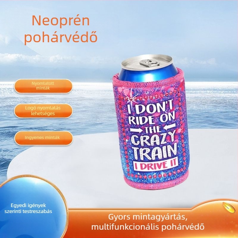 Személyre szabható neopren pohárhüvely több méretben, ragasztott aljjal, kopásálló, ütésálló, hőszigetelő és melegen tartó.