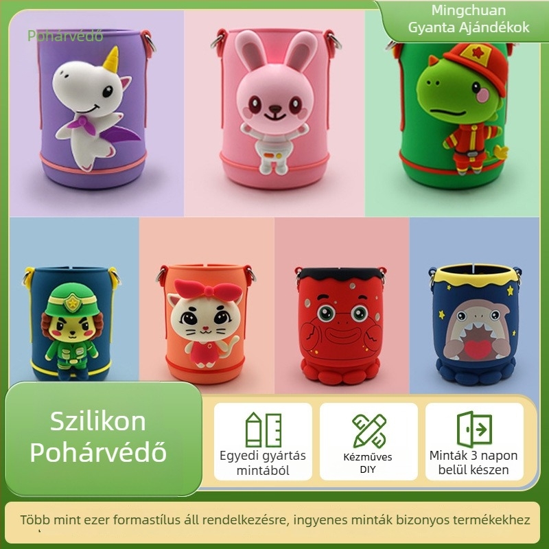 Gyerekeknek szóló szilikon pohárfedő, élelmiszer-minőségű, rajzfilm design, magas hőmérsékletállóság, csúszásmentes