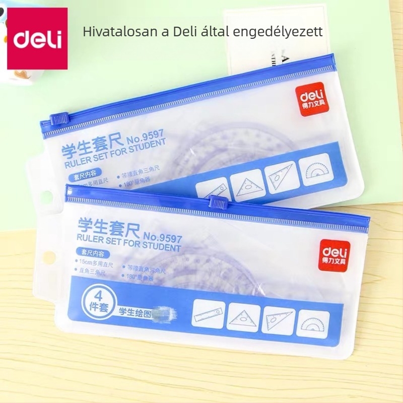 Deli 9597 vonalzó készlet – Négy részes tanulási irodaszerszett: vonalzó, egyenes vonalzó, háromszög és szögmérő