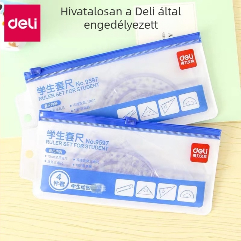 Deli 9597 vonalzó készlet – Négy részes tanulási irodaszerszett: vonalzó, egyenes vonalzó, háromszög és szögmérő