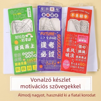 Inspiráló szöveges vonalzó készlet diákok számára – 4 részes, átlátszó 20 cm-es vonalzó, háromszög és szögmérő és egy extra eszköz