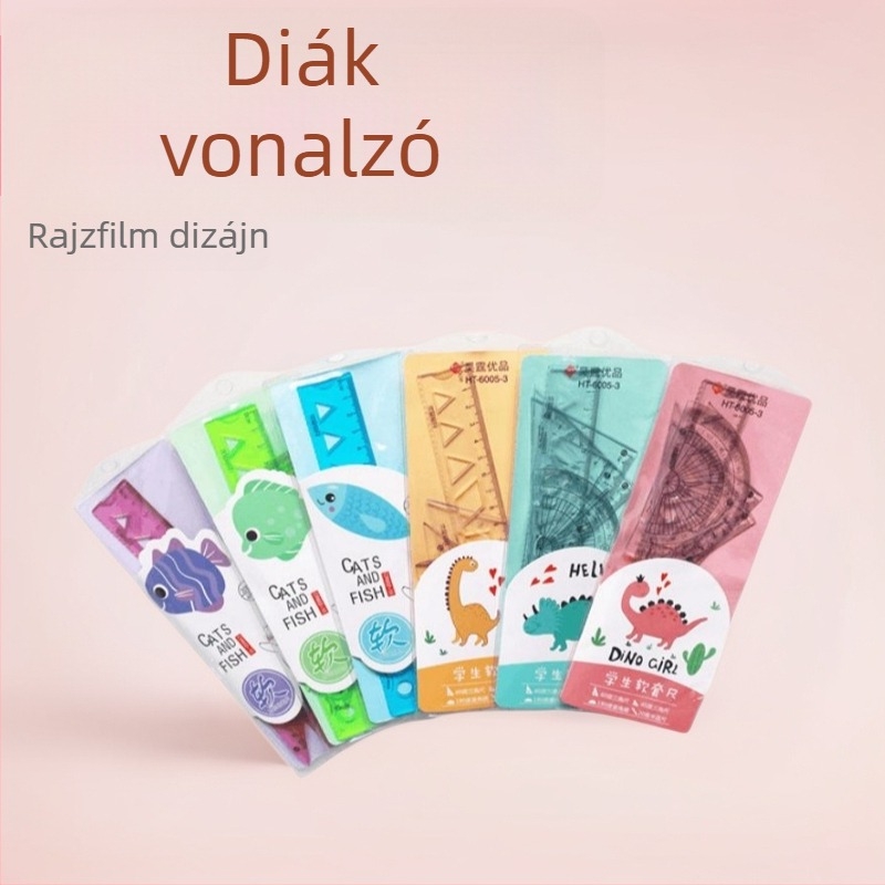 Tanulóknak készült négy darabos műanyag vonalzó készlet, háromszögvonalzóval és fokmérővel