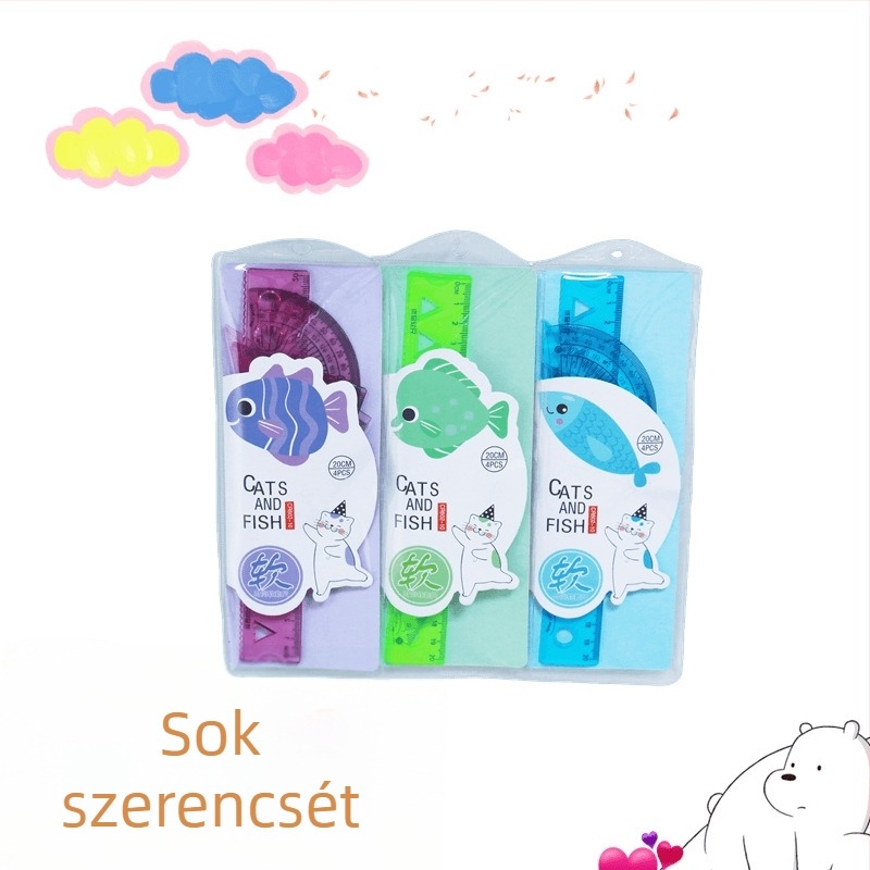 Tanulóknak készült négy darabos műanyag vonalzó készlet, háromszögvonalzóval és fokmérővel