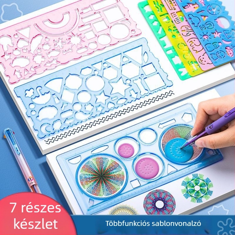 7 darab geometriai vonalzókészlet körvezetőkkel és kézzel írt újság sablonokkal diákok számára