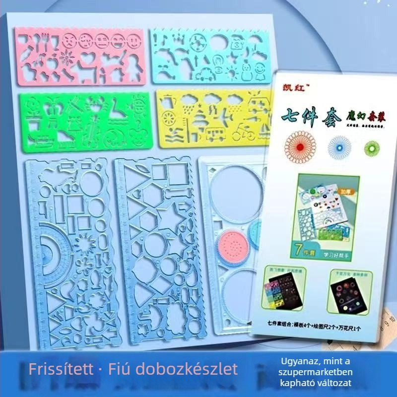 7 darab geometriai vonalzókészlet körvezetőkkel és kézzel írt újság sablonokkal diákok számára