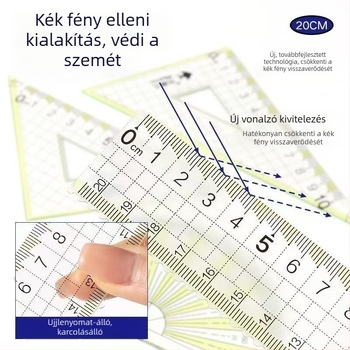Little Fish anti-kék fény vonalzókészlet, 20 cm, vastagított és tartós, négy darabos diákok számára, nagy szám skálákkal
