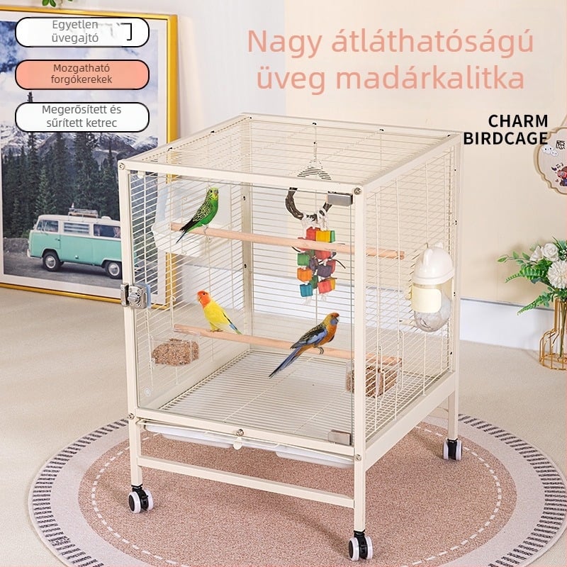 Nagy otthoni madárketrec átlátszó fröccsenésálló üveggel a megfigyeléshez, alkalmas papagájokra és kis madarakra