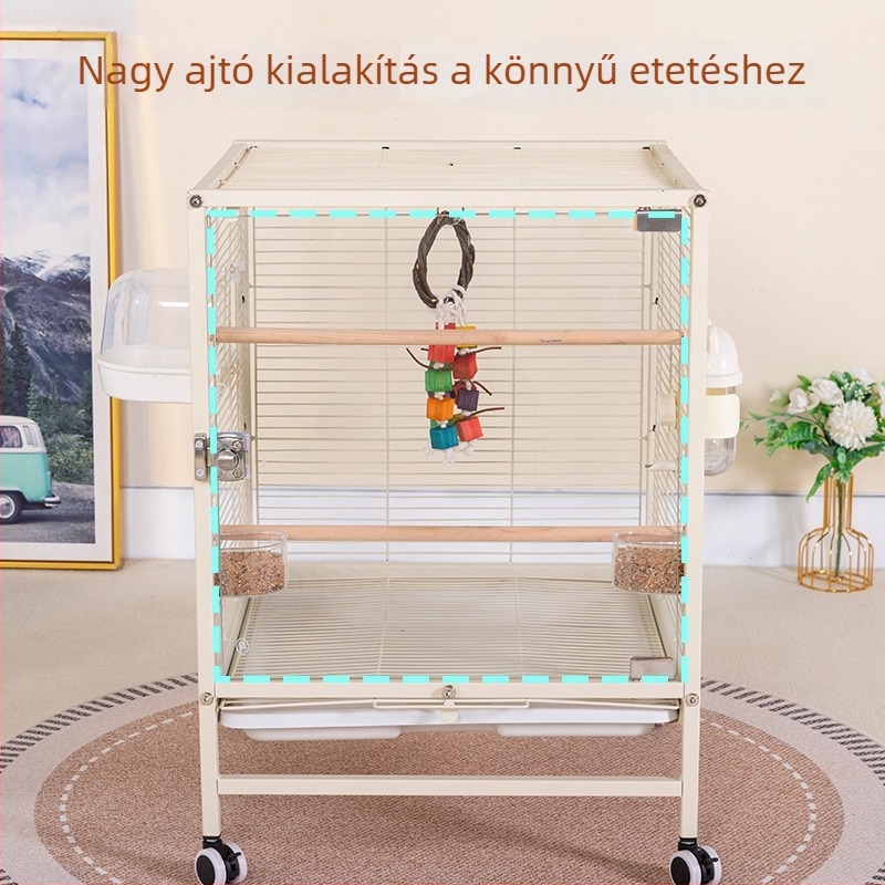 Nagy otthoni madárketrec átlátszó fröccsenésálló üveggel a megfigyeléshez, alkalmas papagájokra és kis madarakra