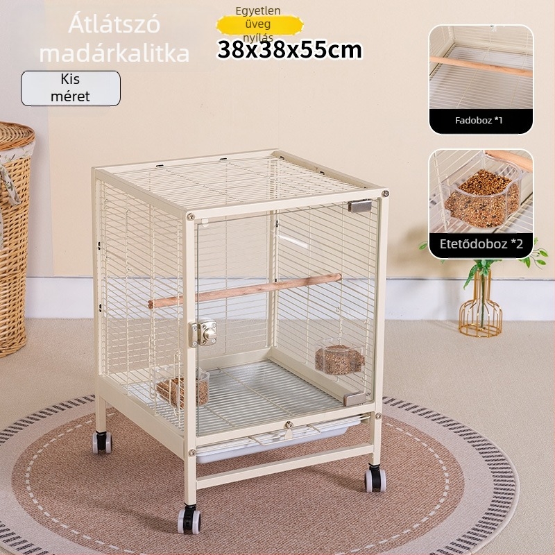 Nagy otthoni madárketrec átlátszó fröccsenésálló üveggel a megfigyeléshez, alkalmas papagájokra és kis madarakra