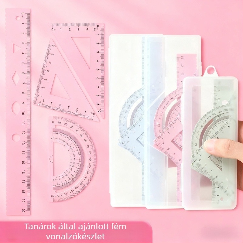 Fém diák vonalzó készlet 15 cm/18 cm/20 cm, háromszög és szögmérő
