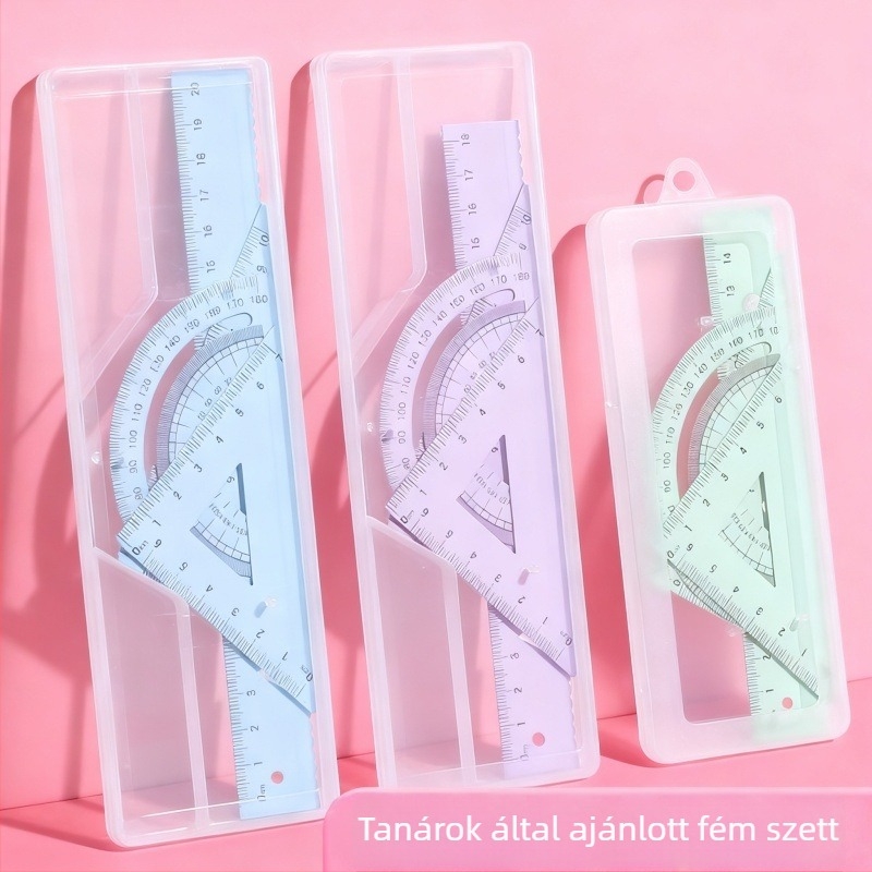 Fém diák vonalzó készlet 15 cm/18 cm/20 cm, háromszög és szögmérő