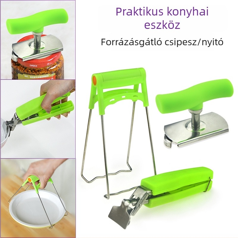 Rozsdamentes acél konyhai csipesz tálakhoz, edényekhez és tányérokhoz, konzervnyitóval