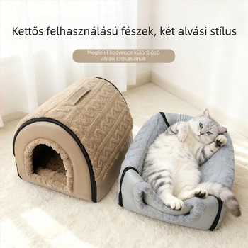 Téli vastagított zárt macska- és kis- vagy közepes méretű kutyafészek, meleg és biztonságos mély alváshoz, levehető és mosható
