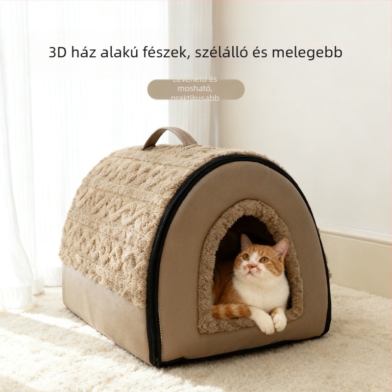 Téli vastagított zárt macska- és kis- vagy közepes méretű kutyafészek, meleg és biztonságos mély alváshoz, levehető és mosható