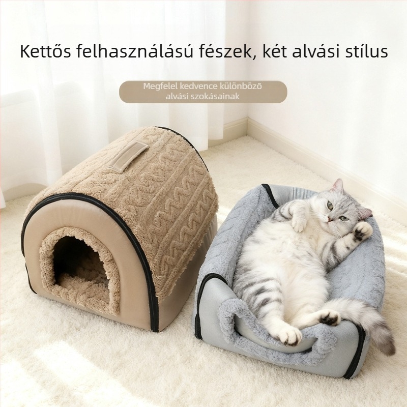 Téli vastagított zárt macska- és kis- vagy közepes méretű kutyafészek, meleg és biztonságos mély alváshoz, levehető és mosható