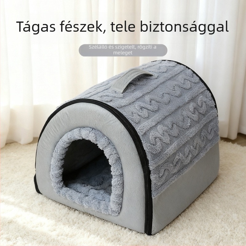 Téli vastagított zárt macska- és kis- vagy közepes méretű kutyafészek, meleg és biztonságos mély alváshoz, levehető és mosható
