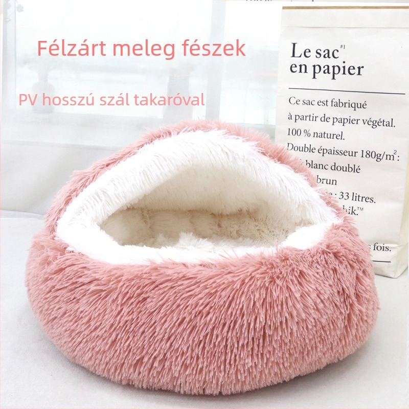 Hosszú szálú plüss macskaágy tetővel, meleg és vastag, cicáknak és kiskutyáknak
