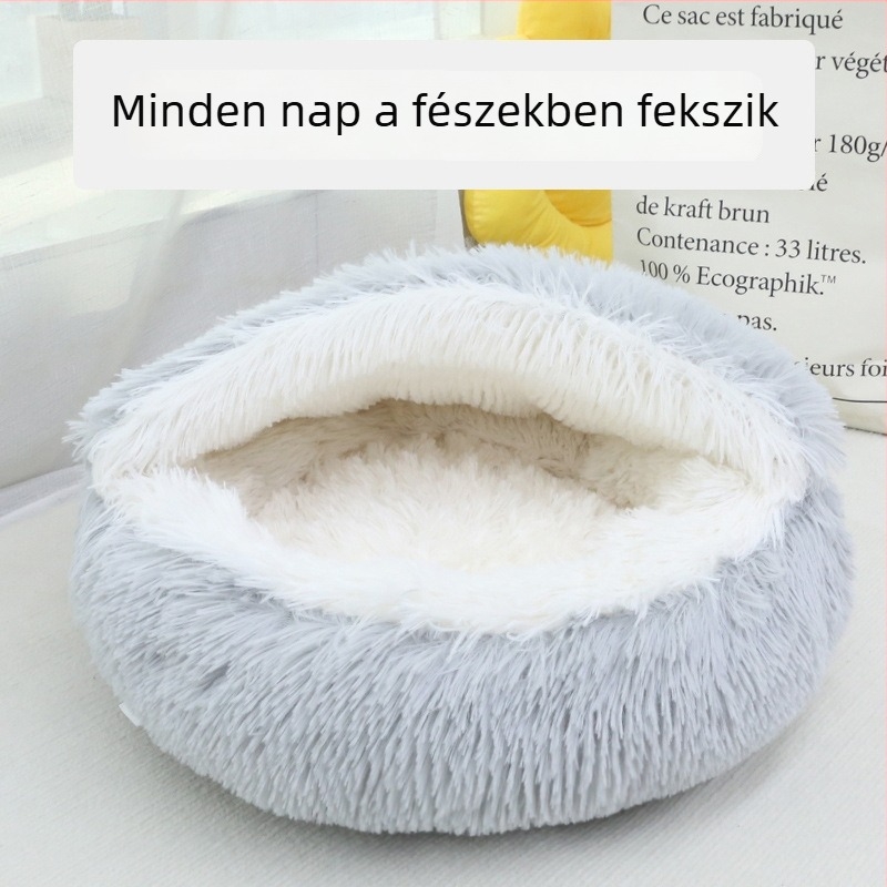 Hosszú szálú plüss macskaágy tetővel, meleg és vastag, cicáknak és kiskutyáknak