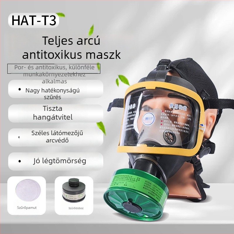Teljes arcú légzőmaszk önszívó szűrőrendszerrel, toxikus gázok elleni védelem, T3 modell, PC-ből és folyékony silikonzból