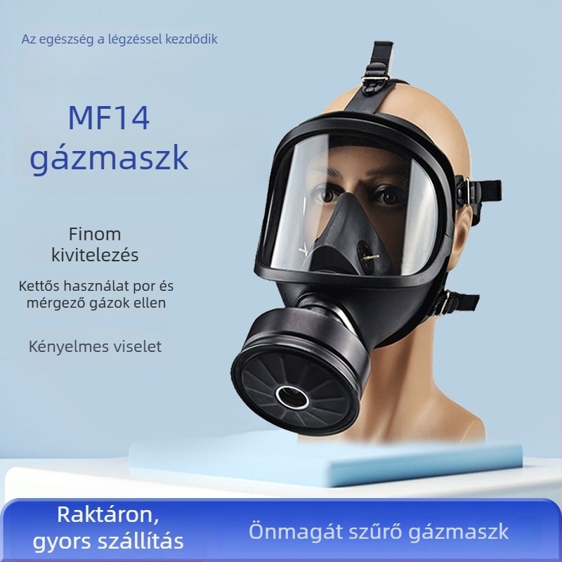 MF14 teljes arcát fedő gázmaszk, fejre rögzített, átlátszó látómező, füst és por elleni védelem, ipari biztonsági felszerelés