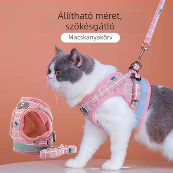 Vest-stílusú fényvisszaverő hámkészlet kutyáknak és macskáknak, kockás mintázat, lélegző anyag, tartozék: póráz